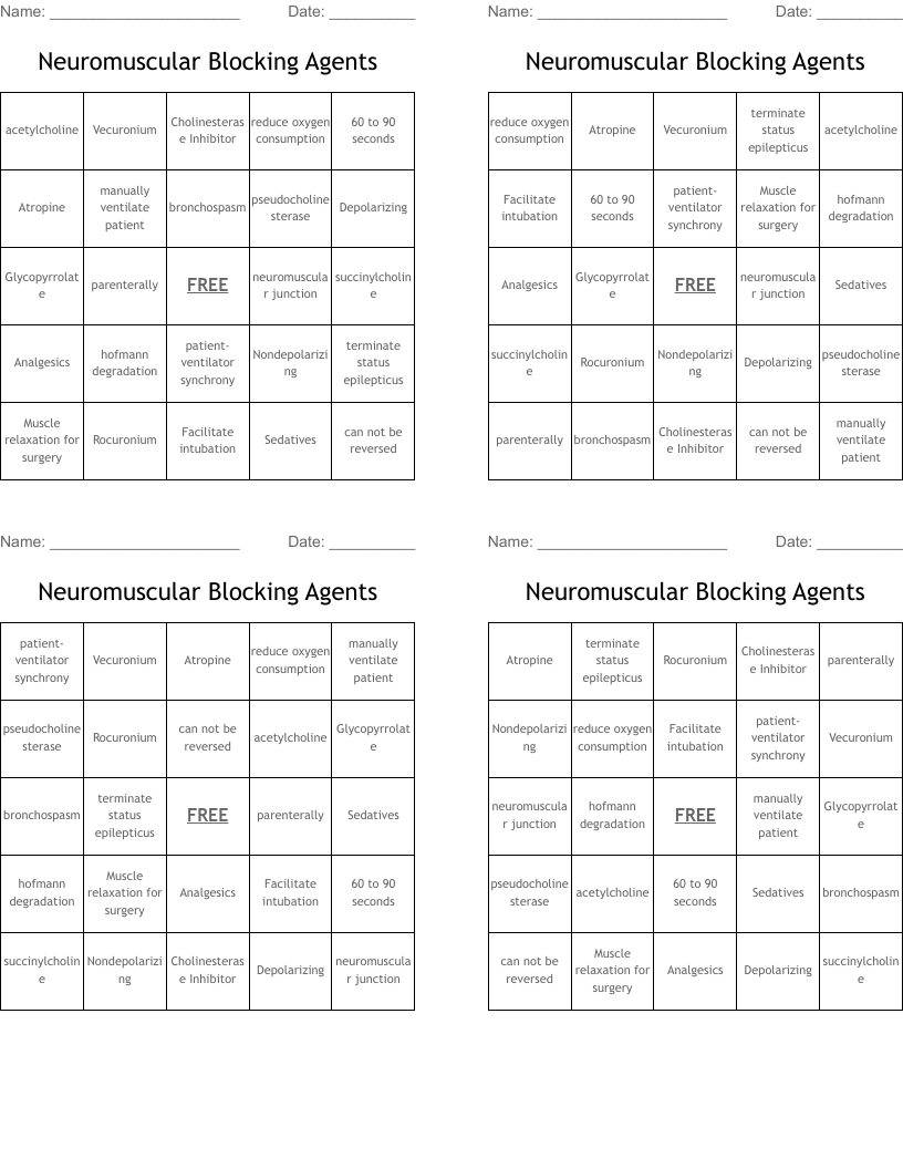 Neuromuscular Blocking Agents Bingo Cards