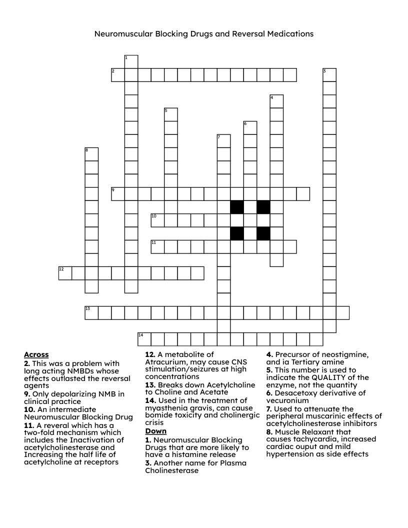 Neuromuscular Blocking Drugs and Reversal Medications                                                Crossword