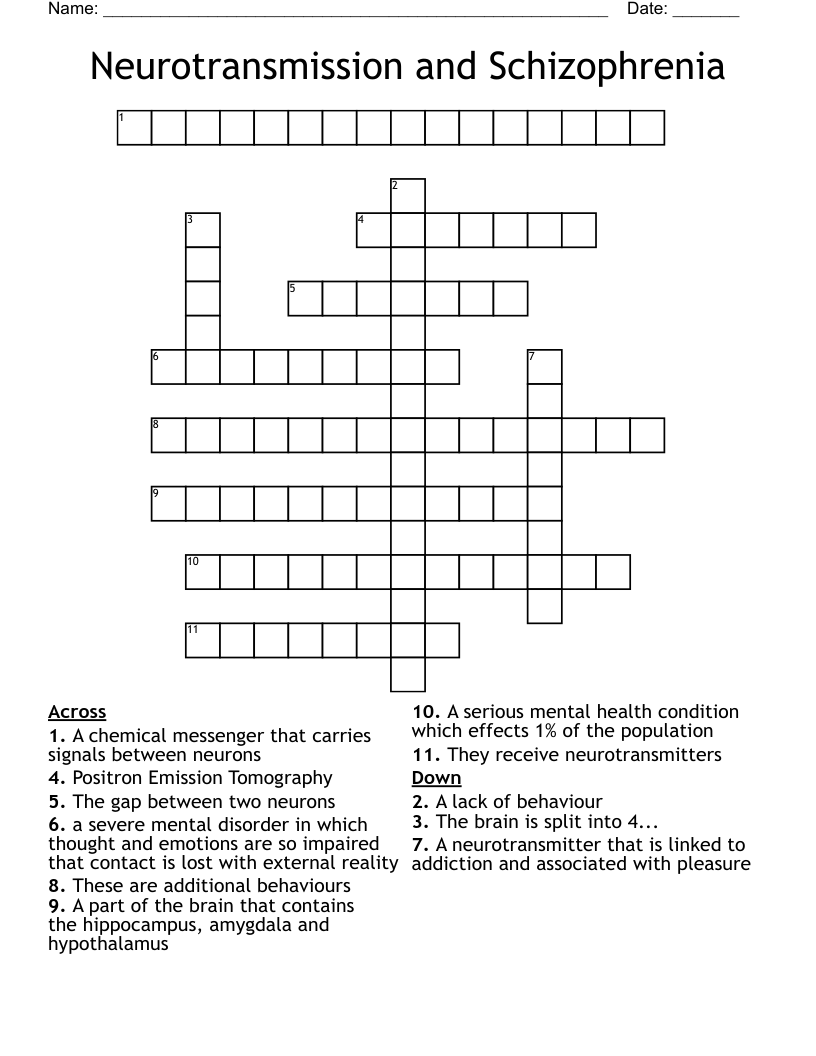 Neurotransmission and Schizophrenia  Crossword