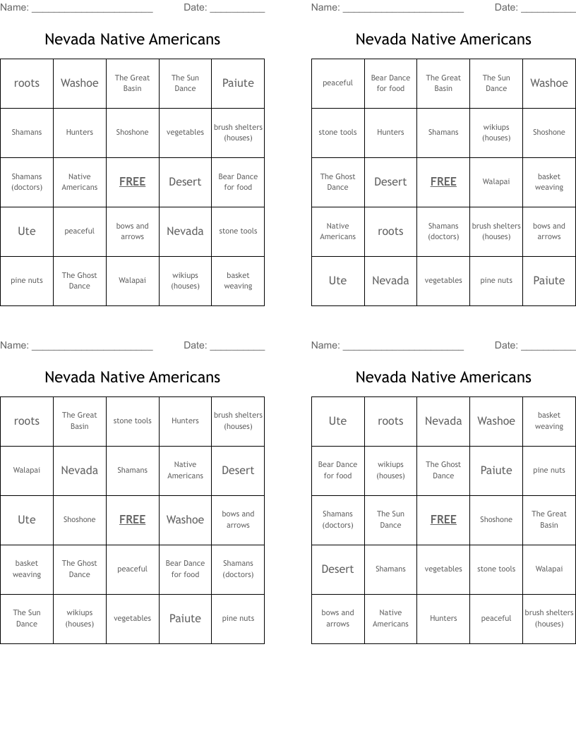 Nevada Native Americans Bingo Cards