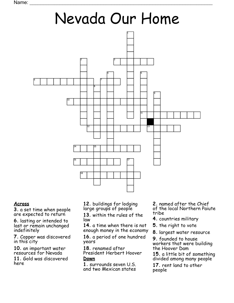 Nevada Our Home Crossword