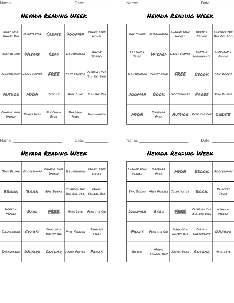 Nevada Reading Week  Bingo Cards