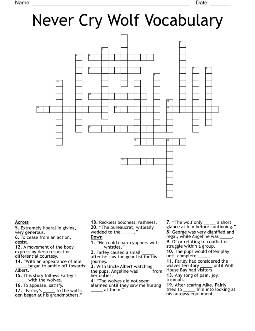 Never Cry Wolf Vocabulary Crossword
