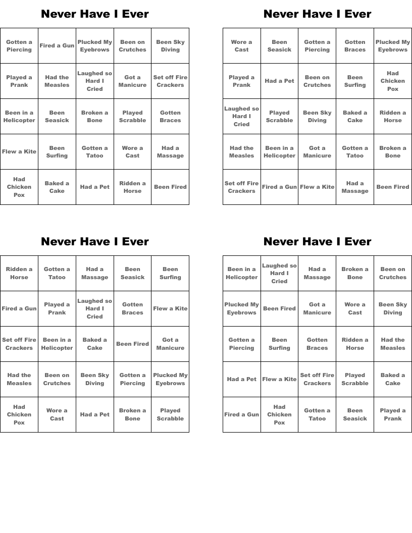 Never Have I Ever Bingo Cards