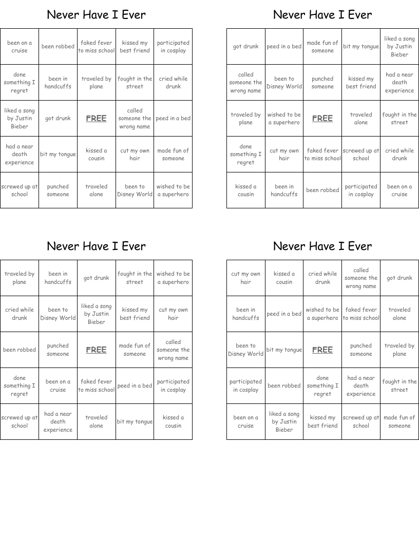 Never Have I Ever Bingo Cards