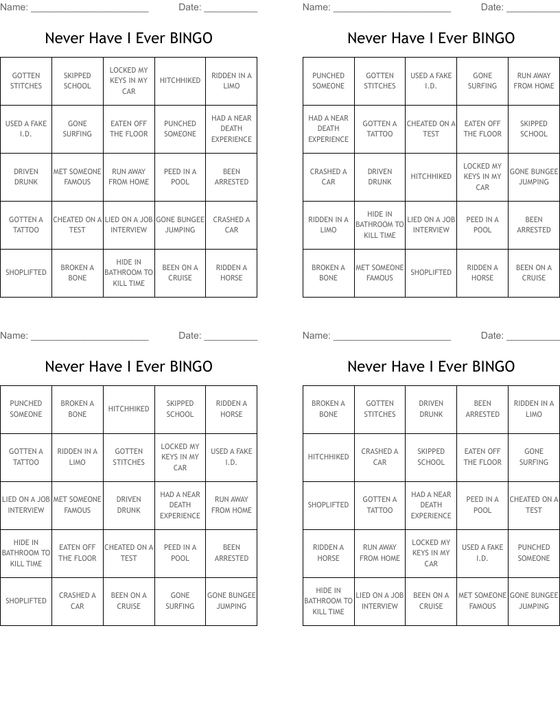 Never Have I Ever BINGO