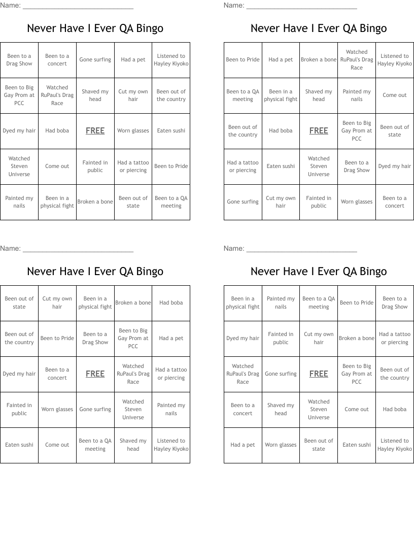 Never Have I Ever QA Bingo
