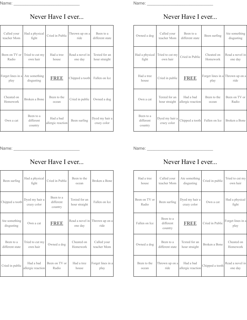 Never Have I ever... Bingo Cards