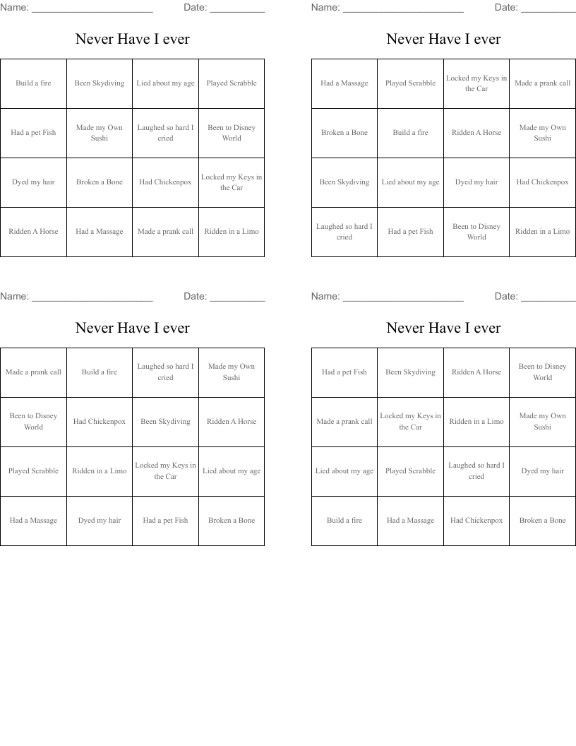 Never Have I ever Bingo Cards