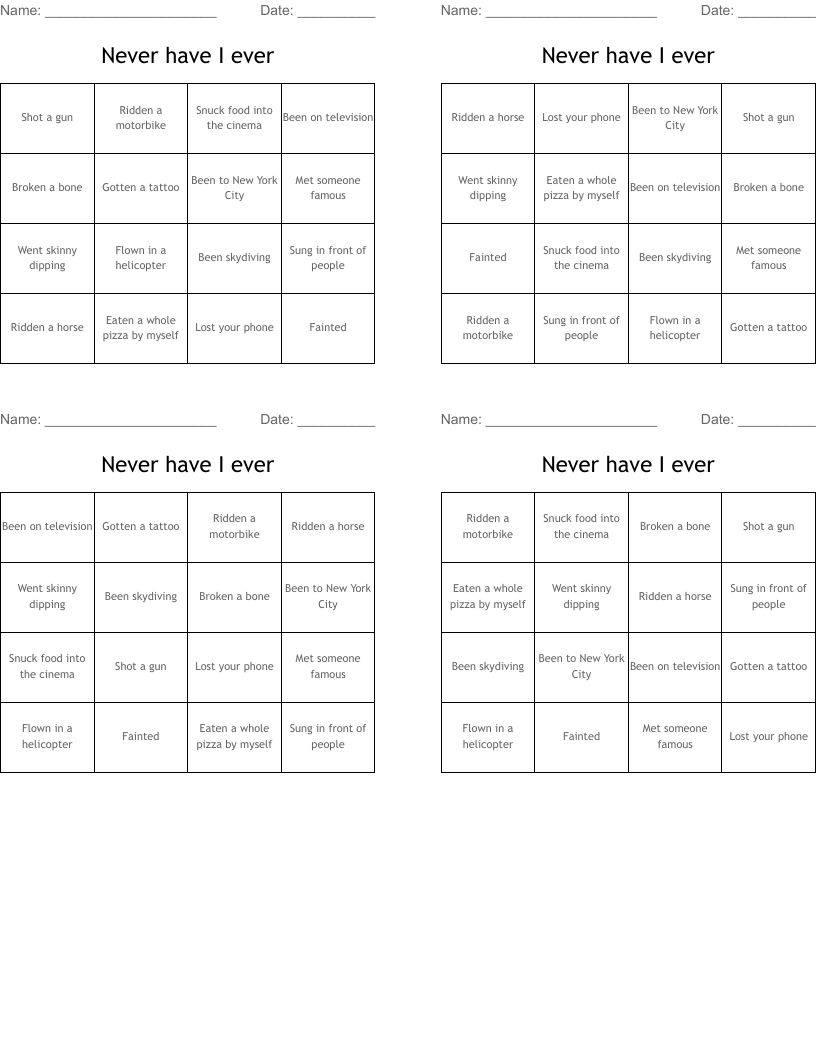 Never have I ever Bingo Cards