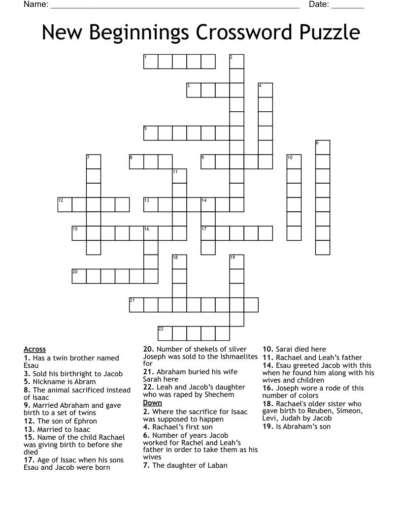 New Beginnings Crossword Puzzle