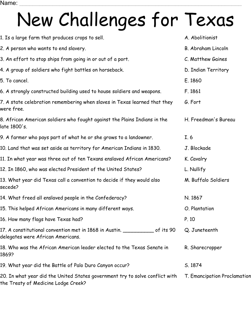 New Challenges for Texas  Worksheet