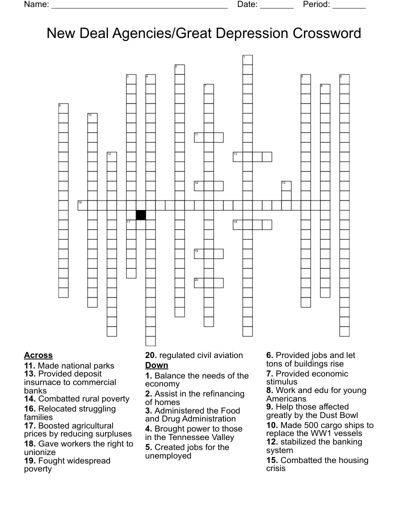 New Deal Agencies/Great Depression Crossword  