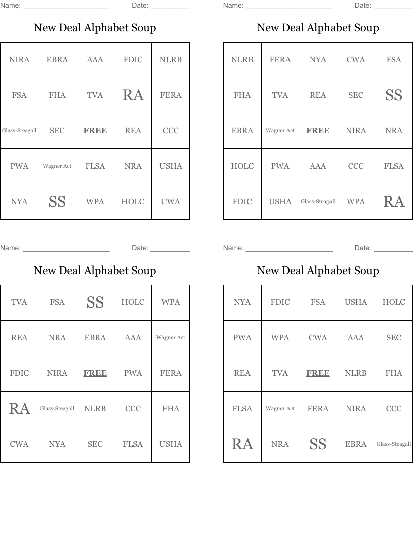 New Deal Alphabet Soup Bingo Cards