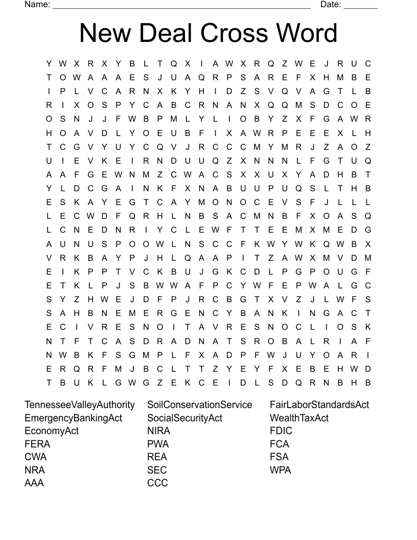 New Deal Cross Word Word Search