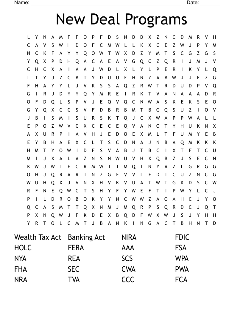 New Deal Programs Word Search