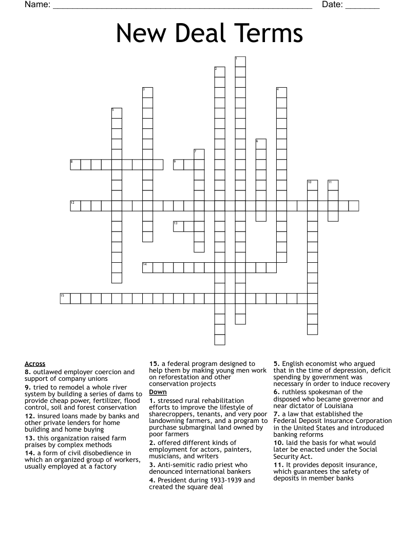 New Deal Terms Crossword