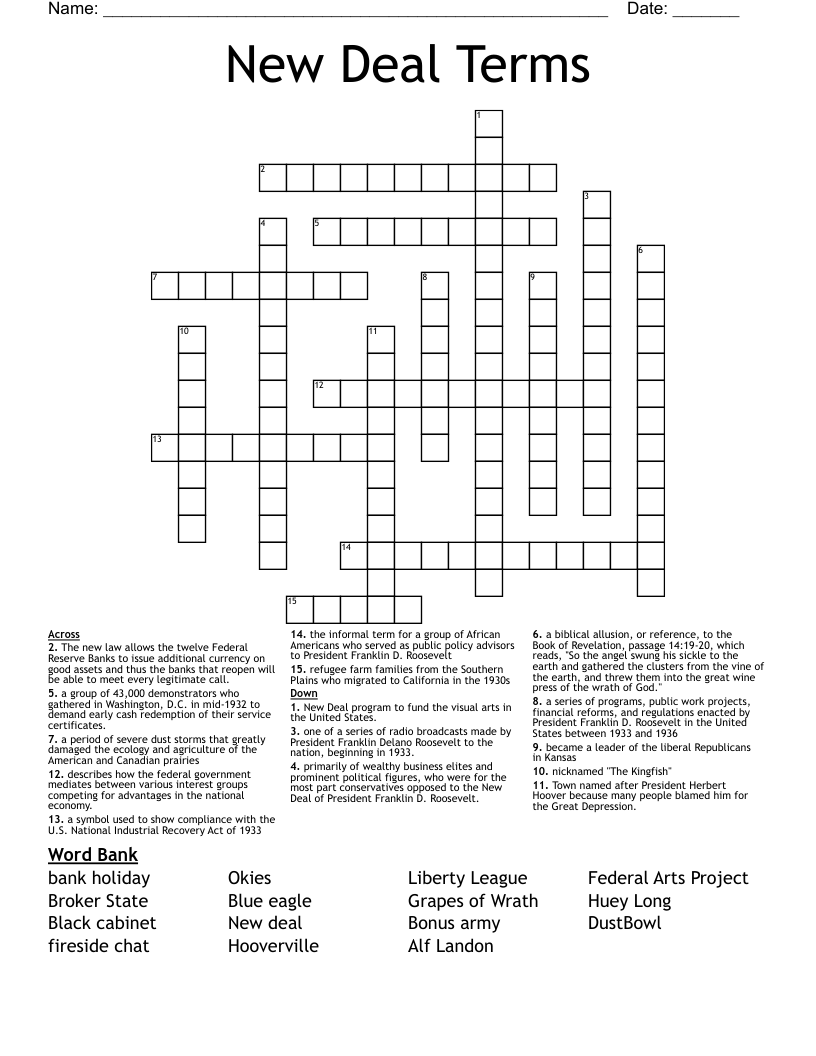 New Deal Terms Crossword