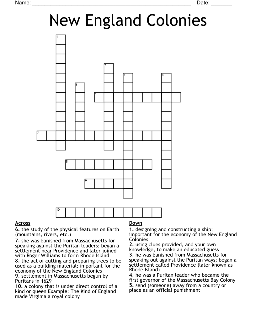 New England Colonies Crossword