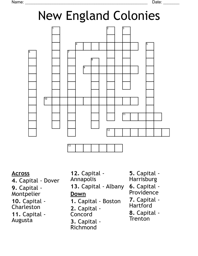 New England Colonies Crossword