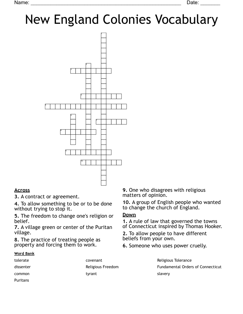 New England Colonies Vocabulary Crossword