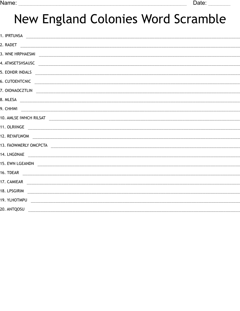 New England Colonies Word Scramble 