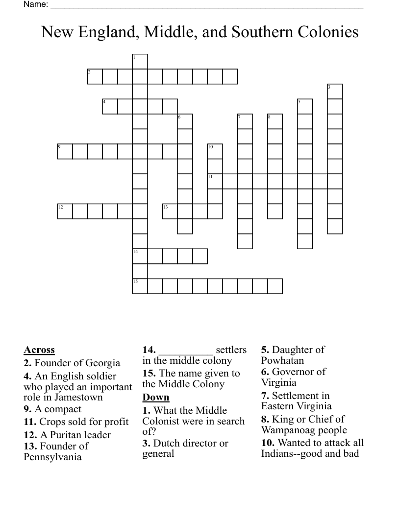 New England, Middle, and Southern Colonies Crossword