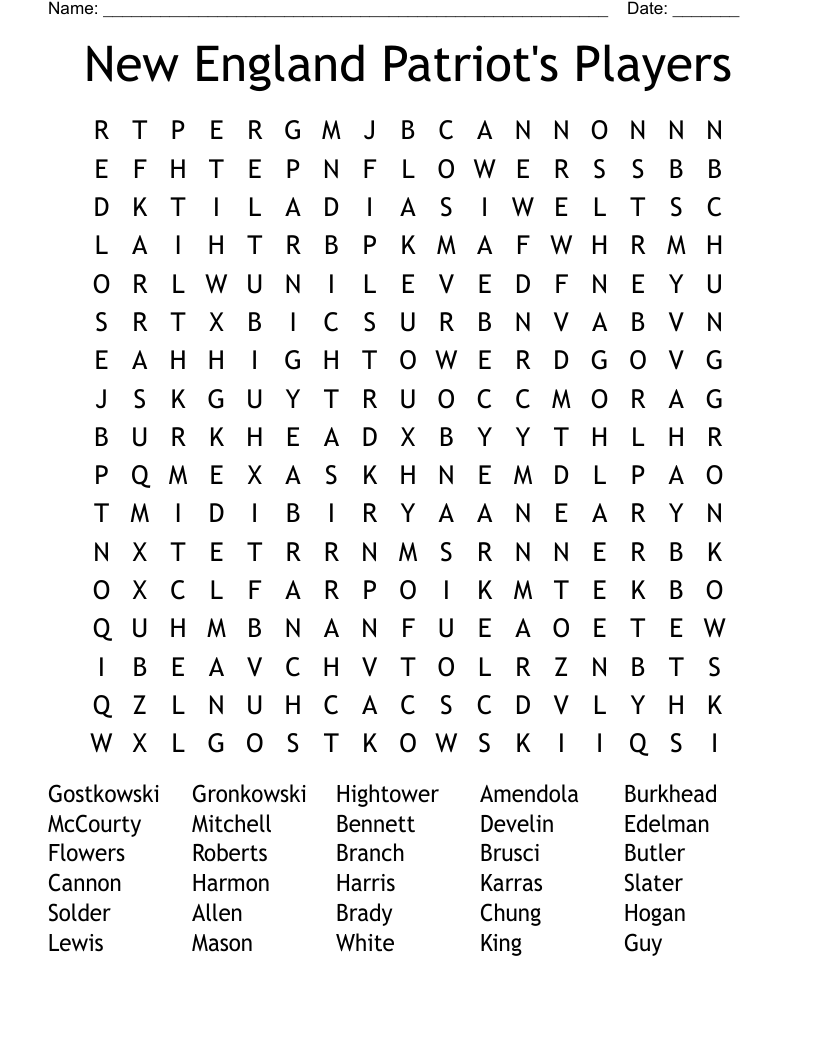 New England Patriot's Players Word Search