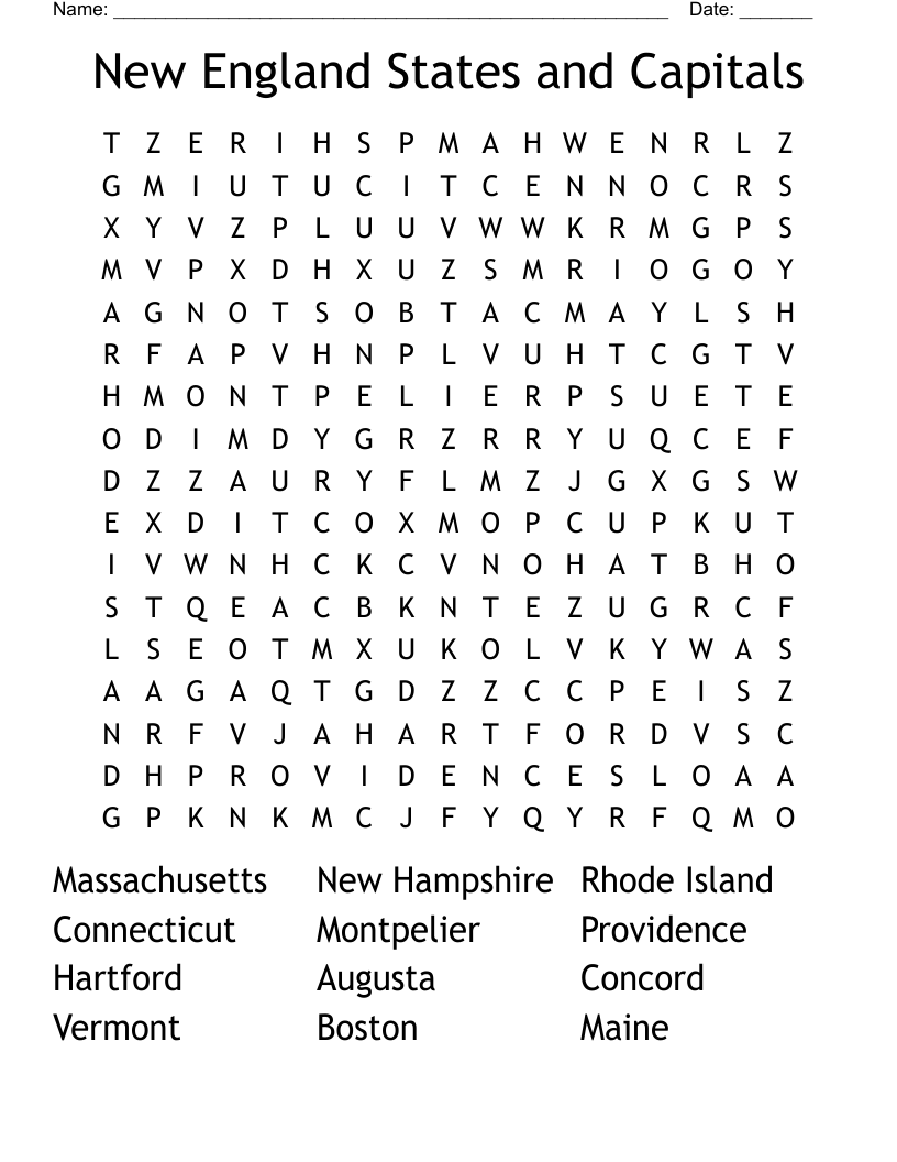New England States and Capitals Word Search