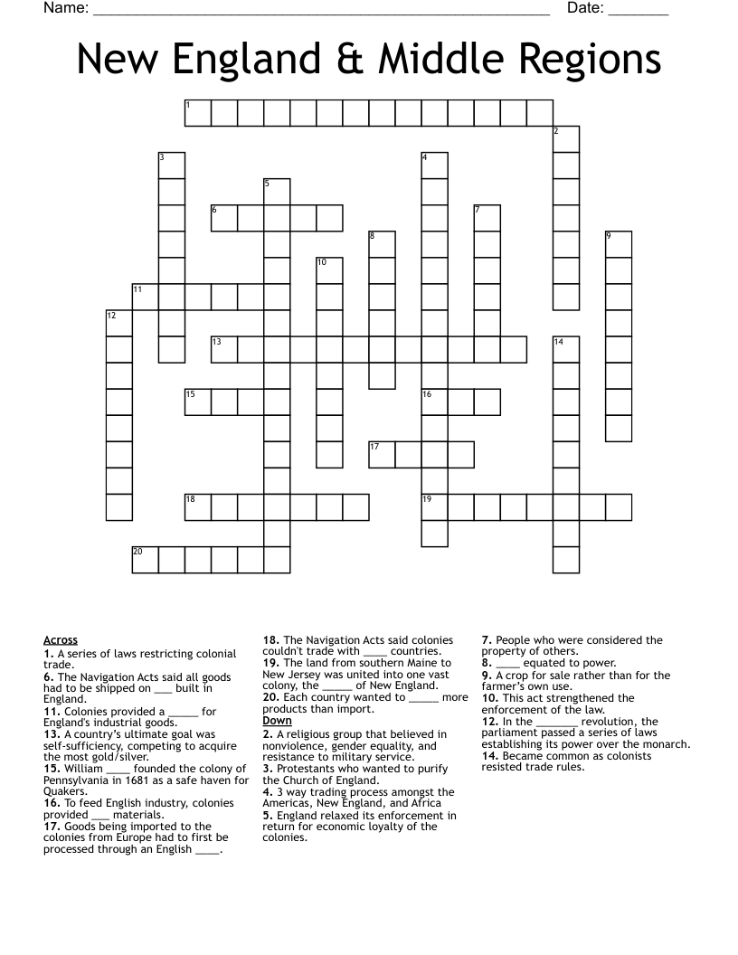 New England & Middle Regions Crossword