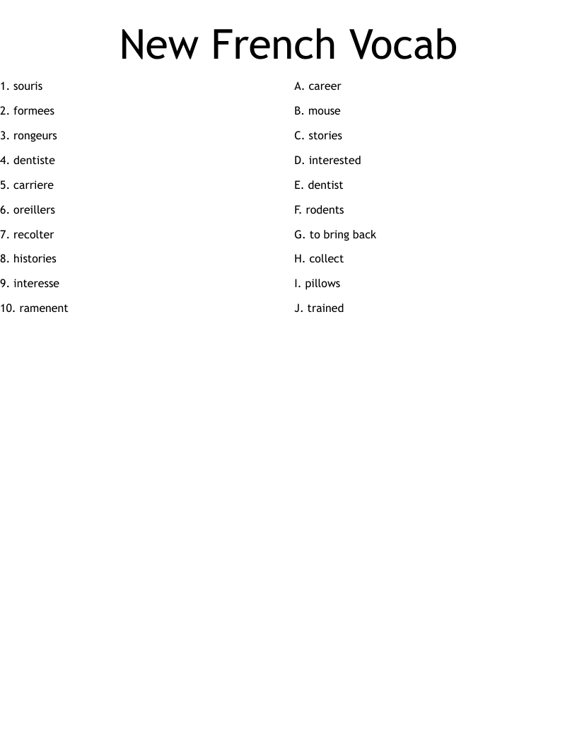 New French Vocab Worksheet