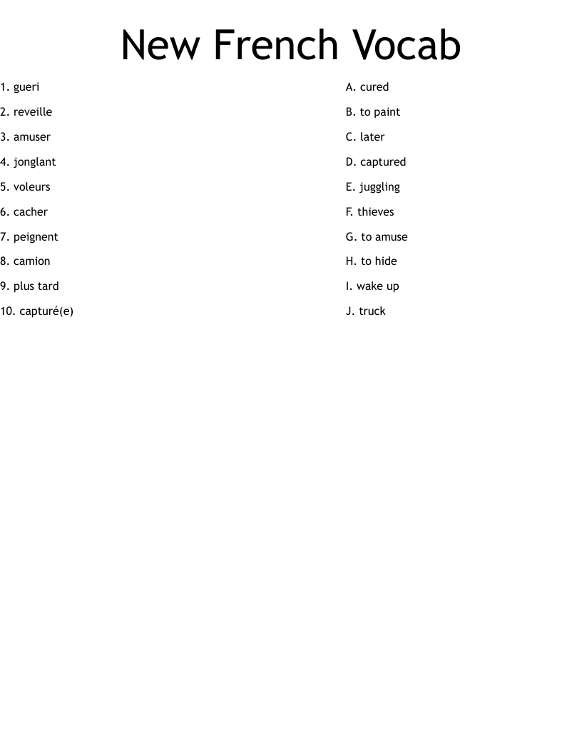 New French Vocab Worksheet