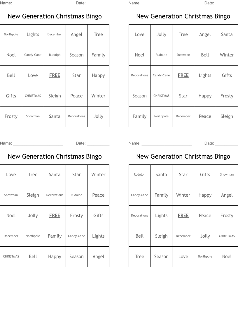 New Generation Christmas Bingo