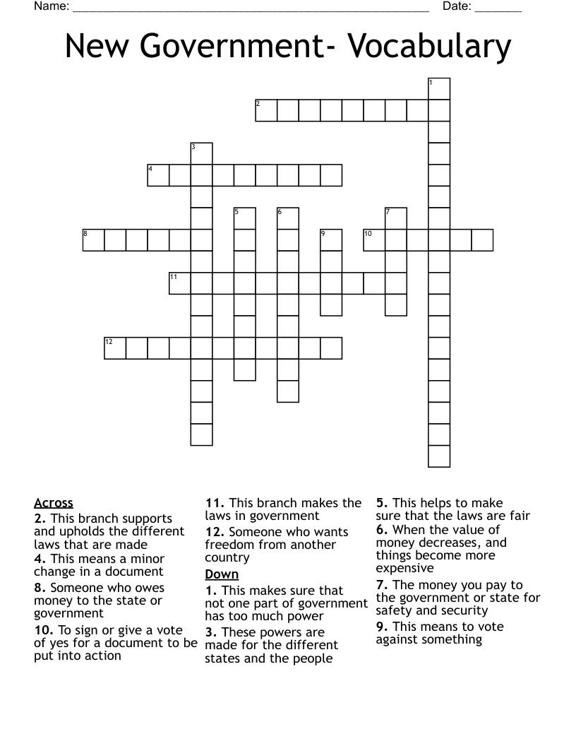 New Government- Vocabulary  Crossword