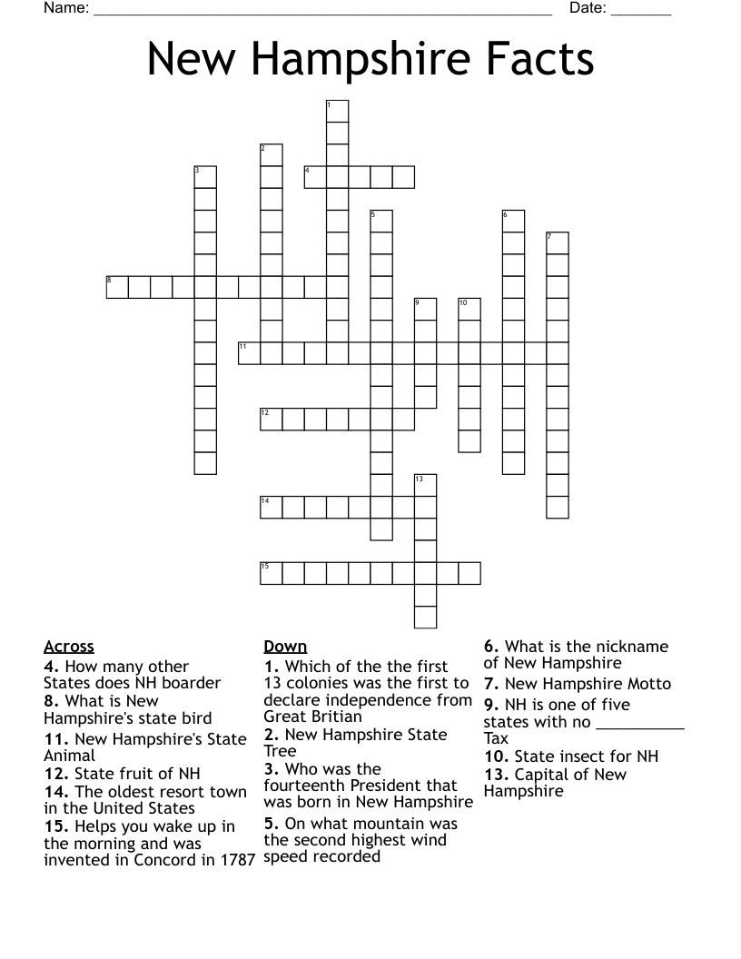 New Hampshire Facts Crossword