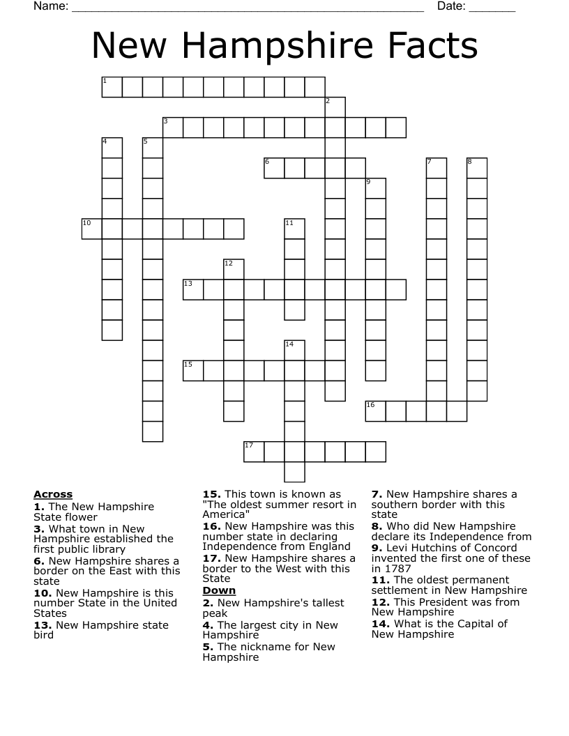 New Hampshire Facts Crossword