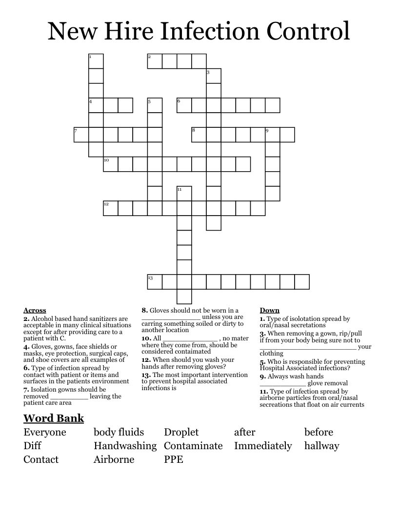 New Hire Infection Control Crossword