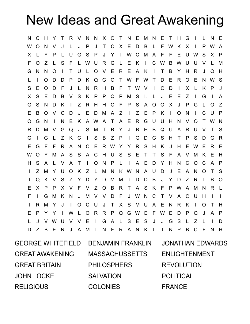 New Ideas and Great Awakening Word Search