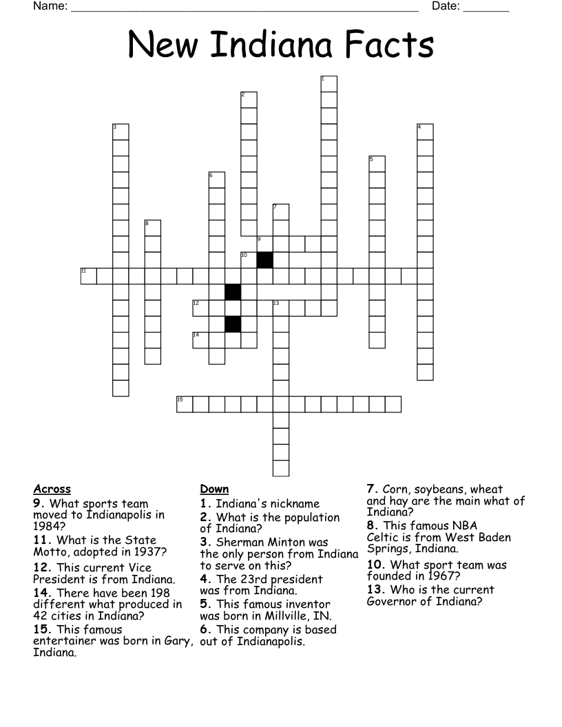 New Indiana Facts Crossword