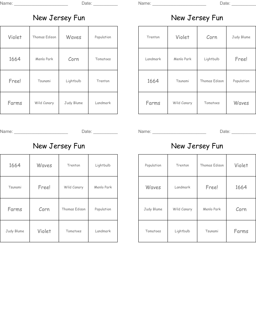 New Jersey Fun Bingo Cards