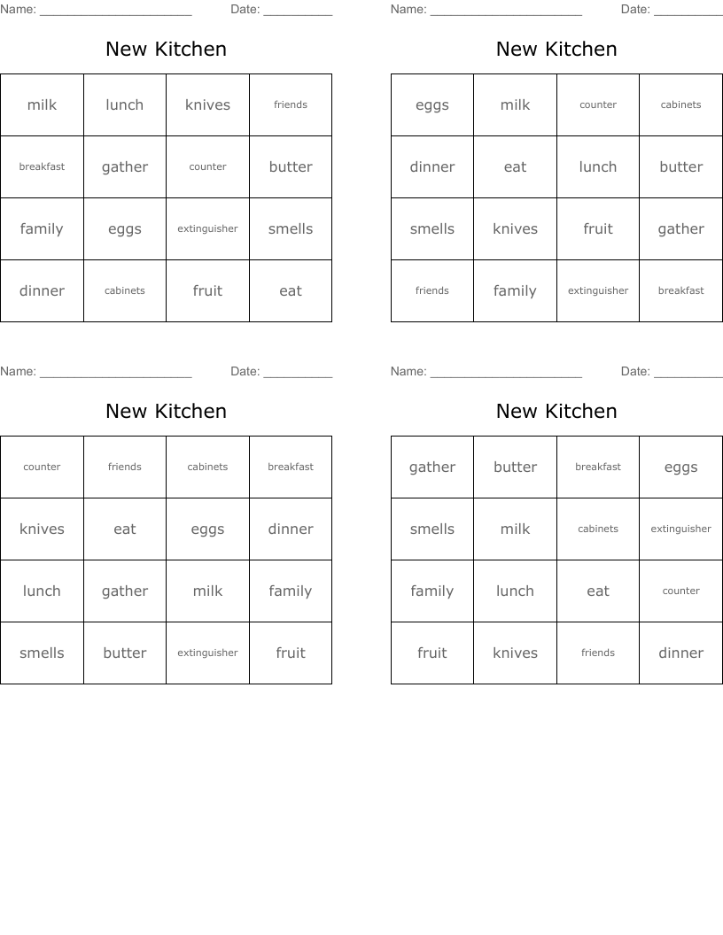 New Kitchen Bingo Cards