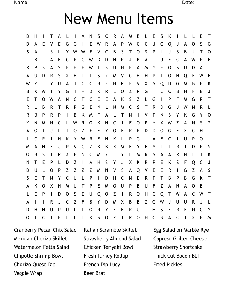 New Menu Items  Word Search