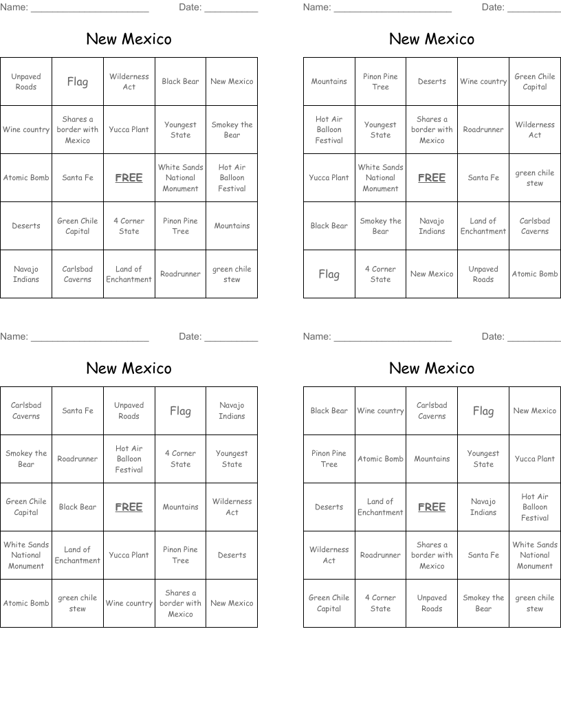 New Mexico Bingo Cards