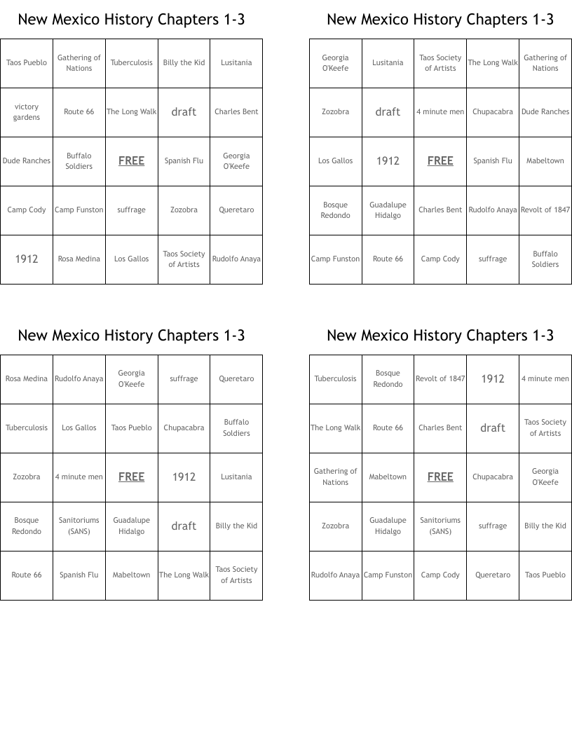 New Mexico History Chapters 1-3 Bingo Cards