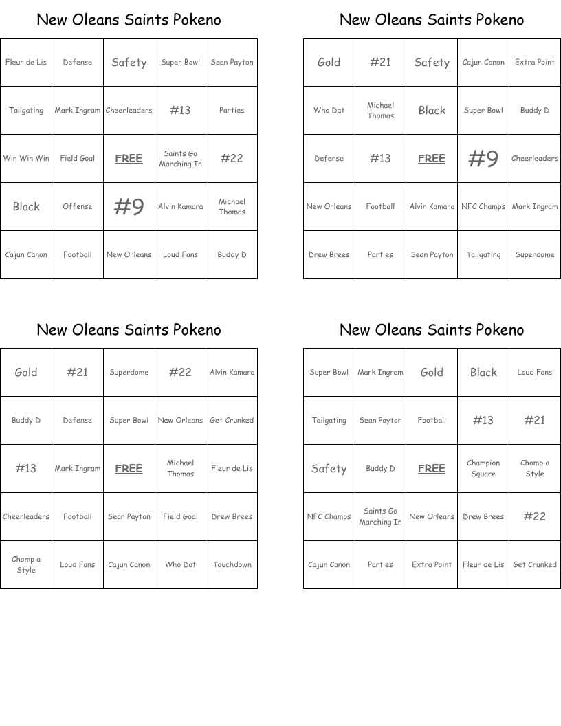 New Oleans Saints Pokeno Bingo Cards