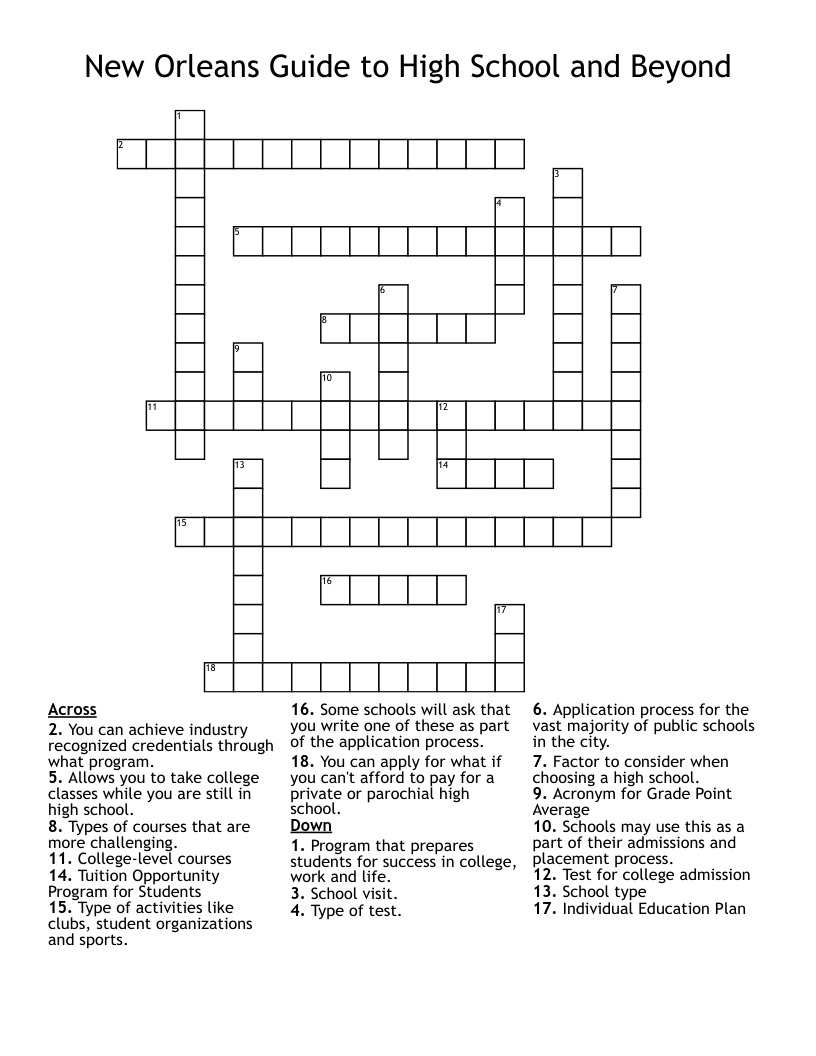 New Orleans Guide to High School and Beyond Crossword