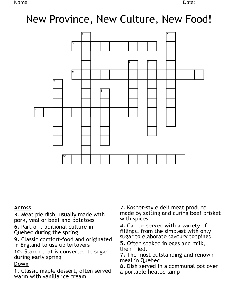 New Province, New Culture, New Food!  Crossword