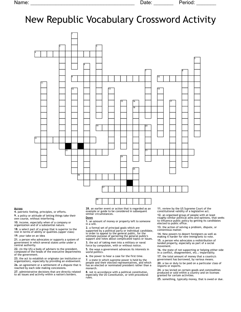 New Republic Vocabulary Crossword Activity