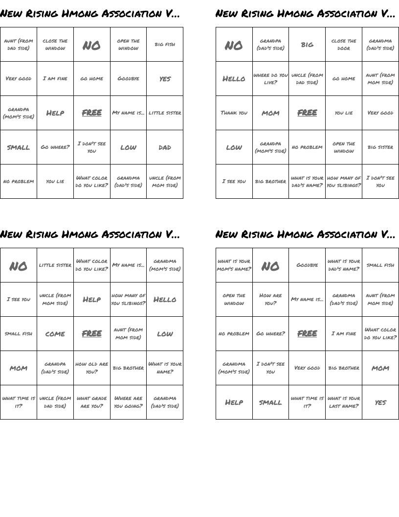 New Rising Hmong Association Virtual Bingo "Learn Hmoob words"