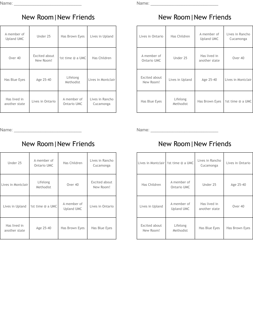 New Room|New Friends Bingo Cards